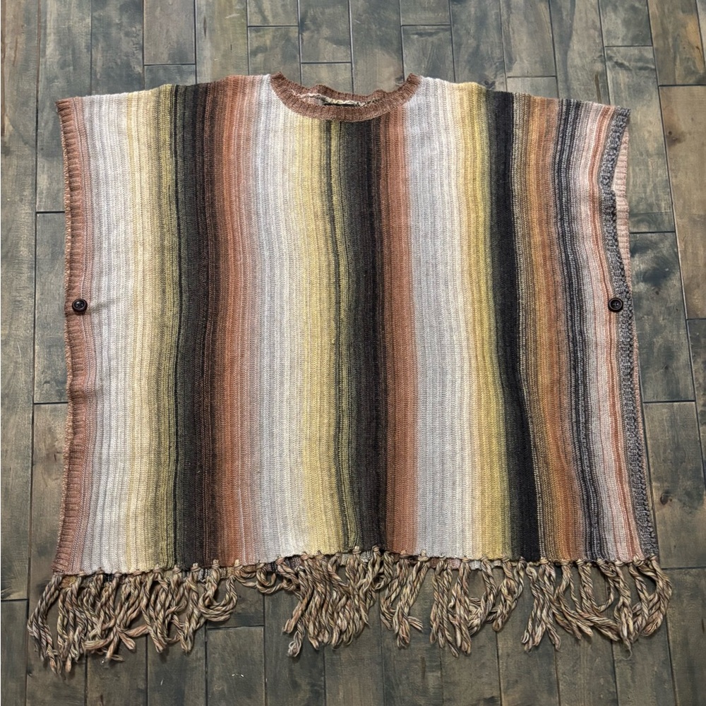 ii SISTERS Striped Multicolor Poncho Sweater with Fringe OS
